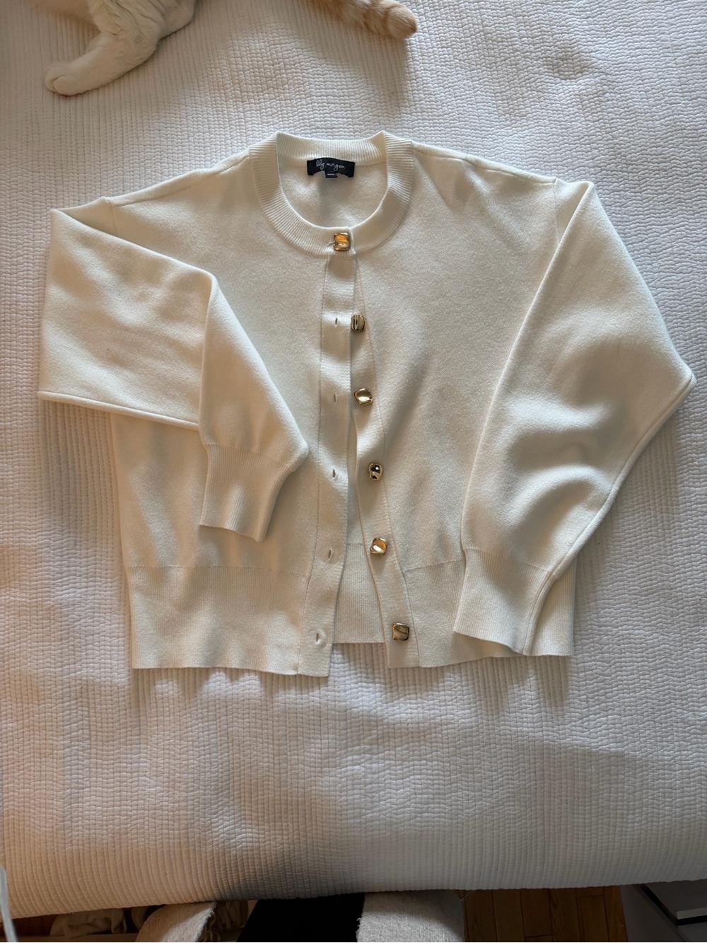 Gold-Button Cream Crewneck Cardigan